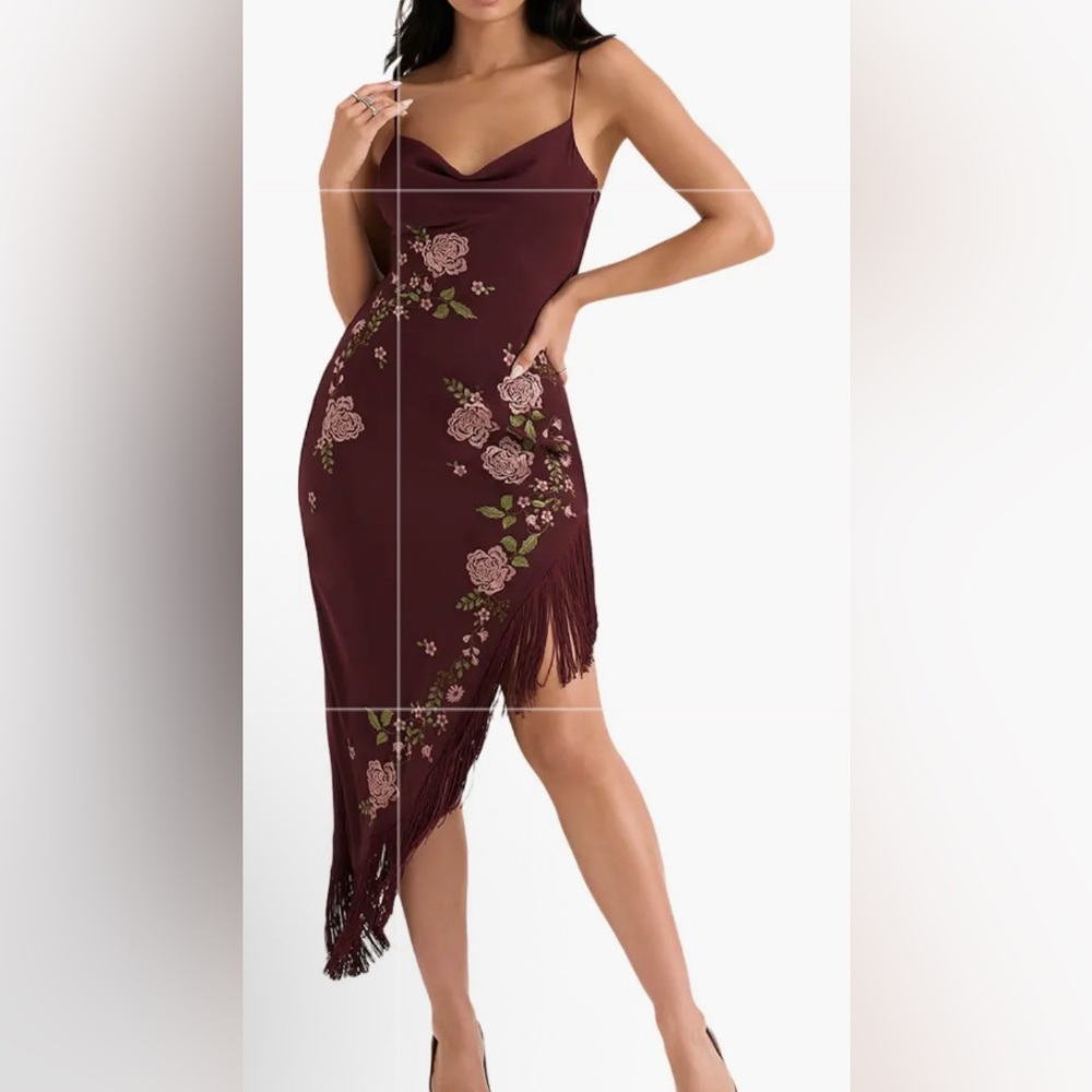 House of CB 🆕 Eloisa Asymmetric Floral Slip Dress, Wine, Size S | 1320